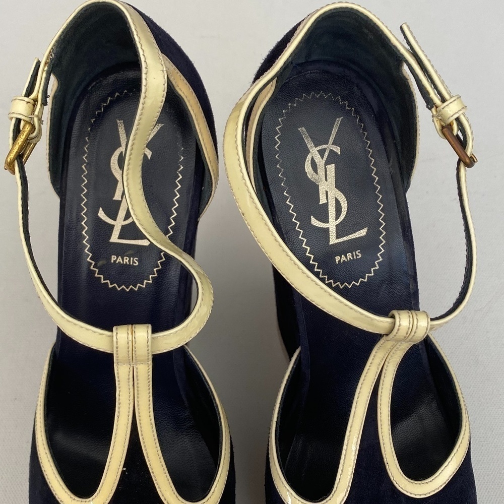 Yves Saint Laurent Navy Suede Wedges Size 36 - Picture 7 of 12